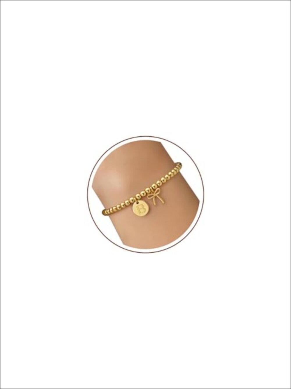 Gold Beaded Initial Bracelet 16K Gold Plated Stretch Charm Bracelet